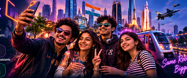 Modern Indian youth together against a vibrant futuristic Indian city